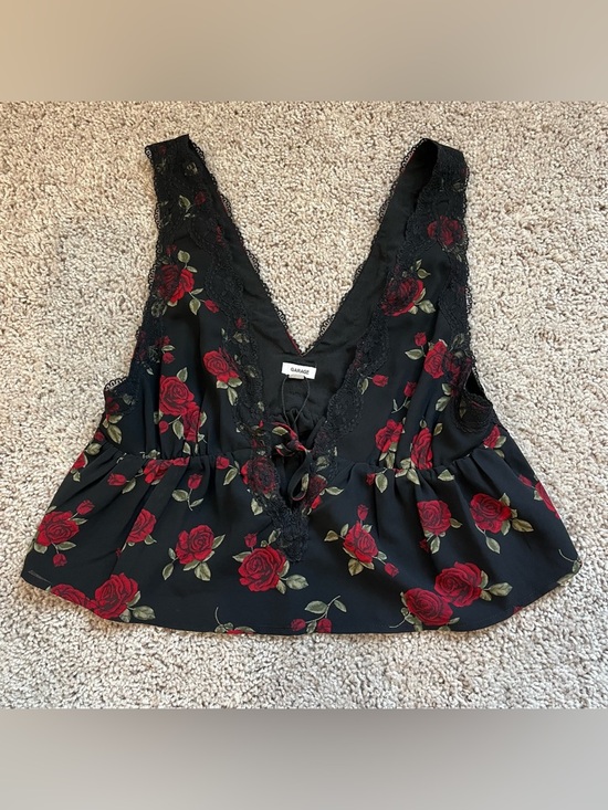Garage Tops - Garage Georgette Black V-Neck Lace-Trim Cami with Red Rose Print- P/S